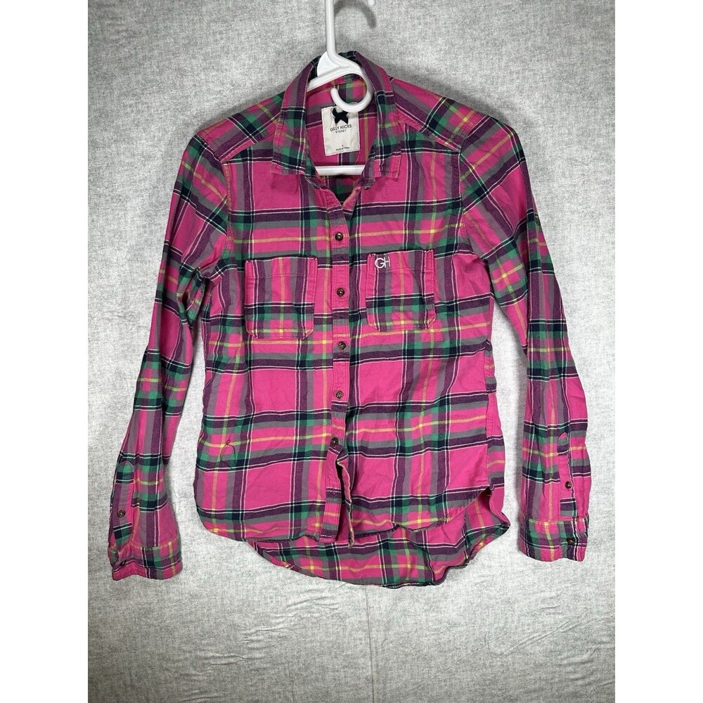 Gilly Hicks Sydney Flannel Button Up Women’s Size Small Pink Plaid Hi Lo Hem